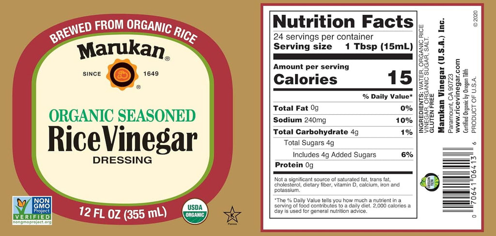 Marukan Organic Seasoned Rice Vinegar 12oz back – ingredients and nutrition label