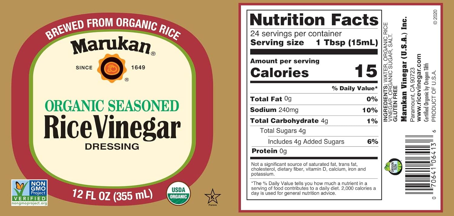 Marukan Organic Seasoned Rice Vinegar 12oz back – ingredients and nutrition label