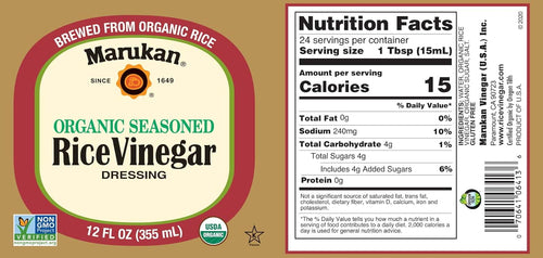 Marukan Organic Seasoned Rice Vinegar 12oz back – ingredients and nutrition label