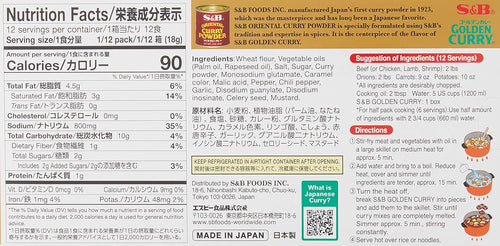S&B Golden Curry Sauce Mix Medium Hot 220 g back of package showing ingredients and nutrition label